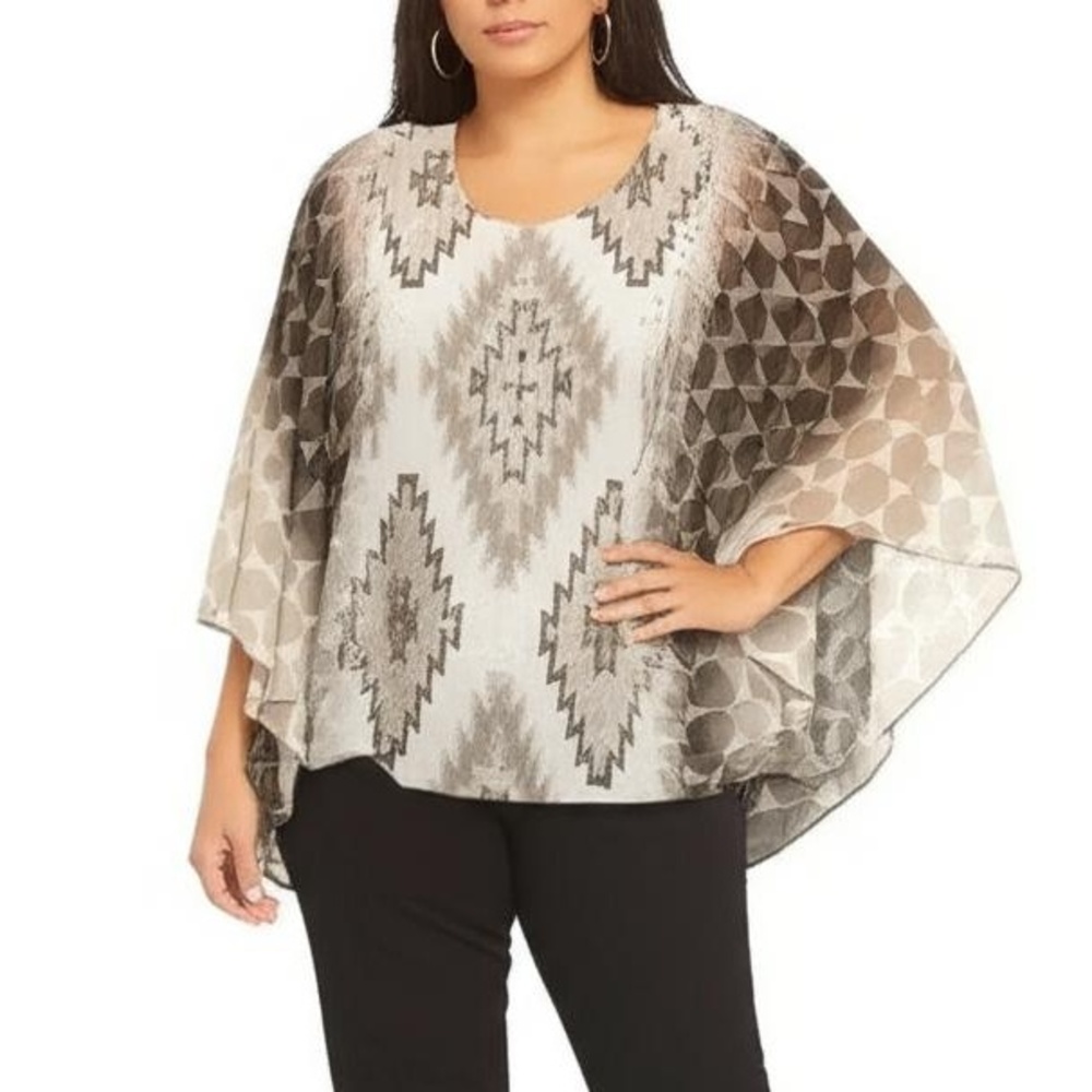 Ruby Rd. Blouse Beige Aztec 3/4 Sleeve Flutter Artsy‎ Flowy Southwestern Size S